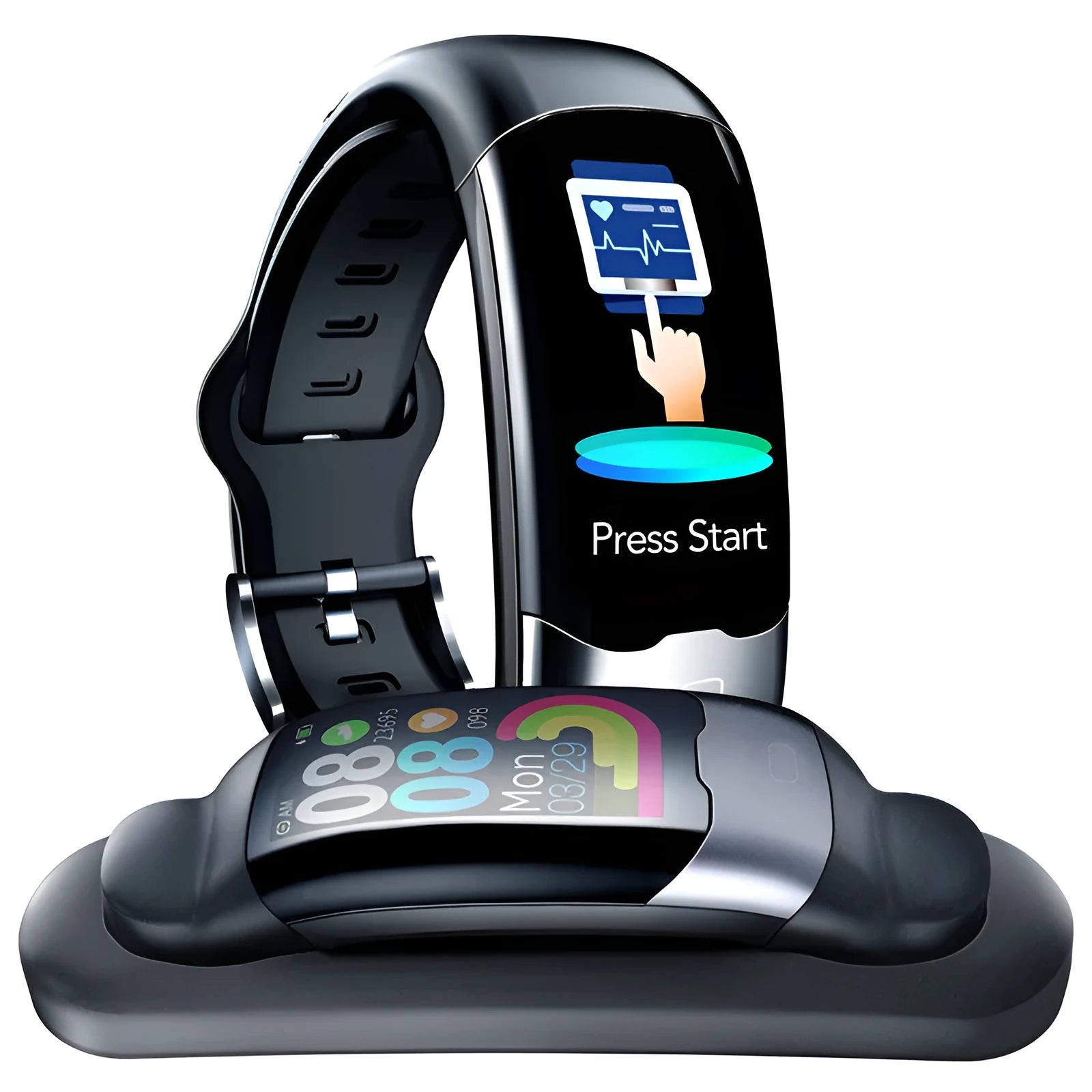 Black smart fitness watch on wrist showing digital display, with heart rate and waterproof features.