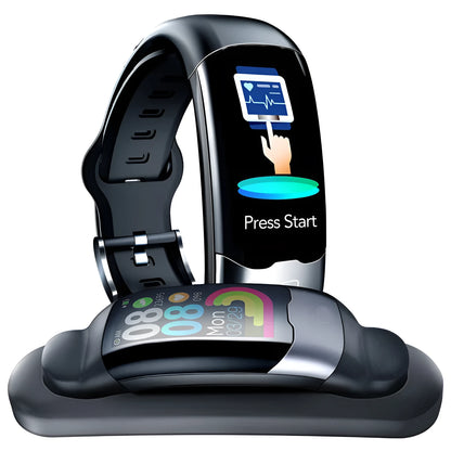 Black smart fitness watch on wrist showing digital display, with heart rate and waterproof features.