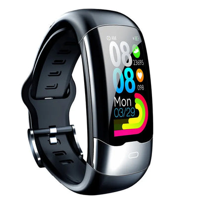 Black smart fitness watch on wrist showing digital display, with heart rate and waterproof features.