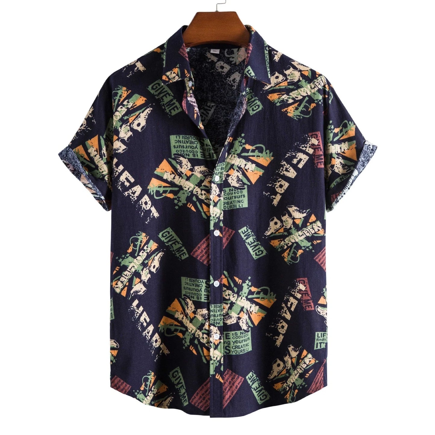 Vintage navy blue letter print men's short sleeve shirt with loose fit and turn-down collar