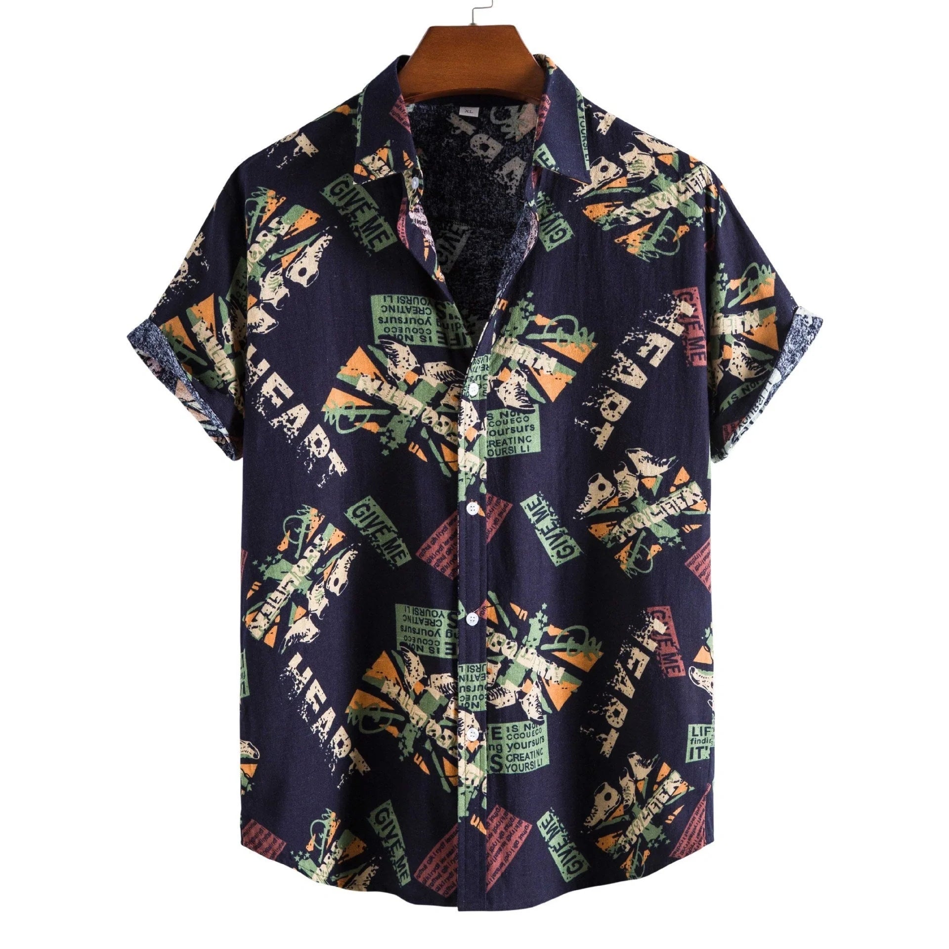 Vintage navy blue letter print men's short sleeve shirt with loose fit and turn-down collar