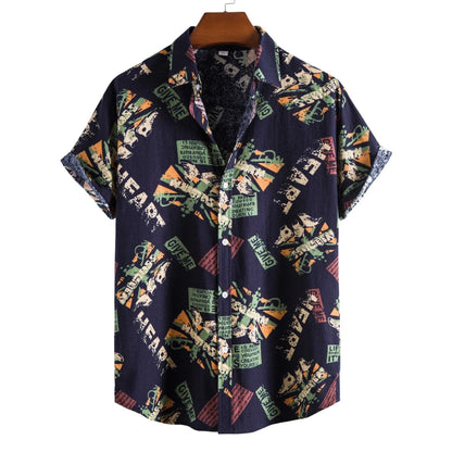 Vintage navy blue letter print men's short sleeve shirt with loose fit and turn-down collar