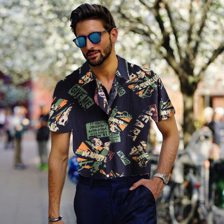 Vintage navy blue letter print men's short sleeve shirt with loose fit and turn-down collar