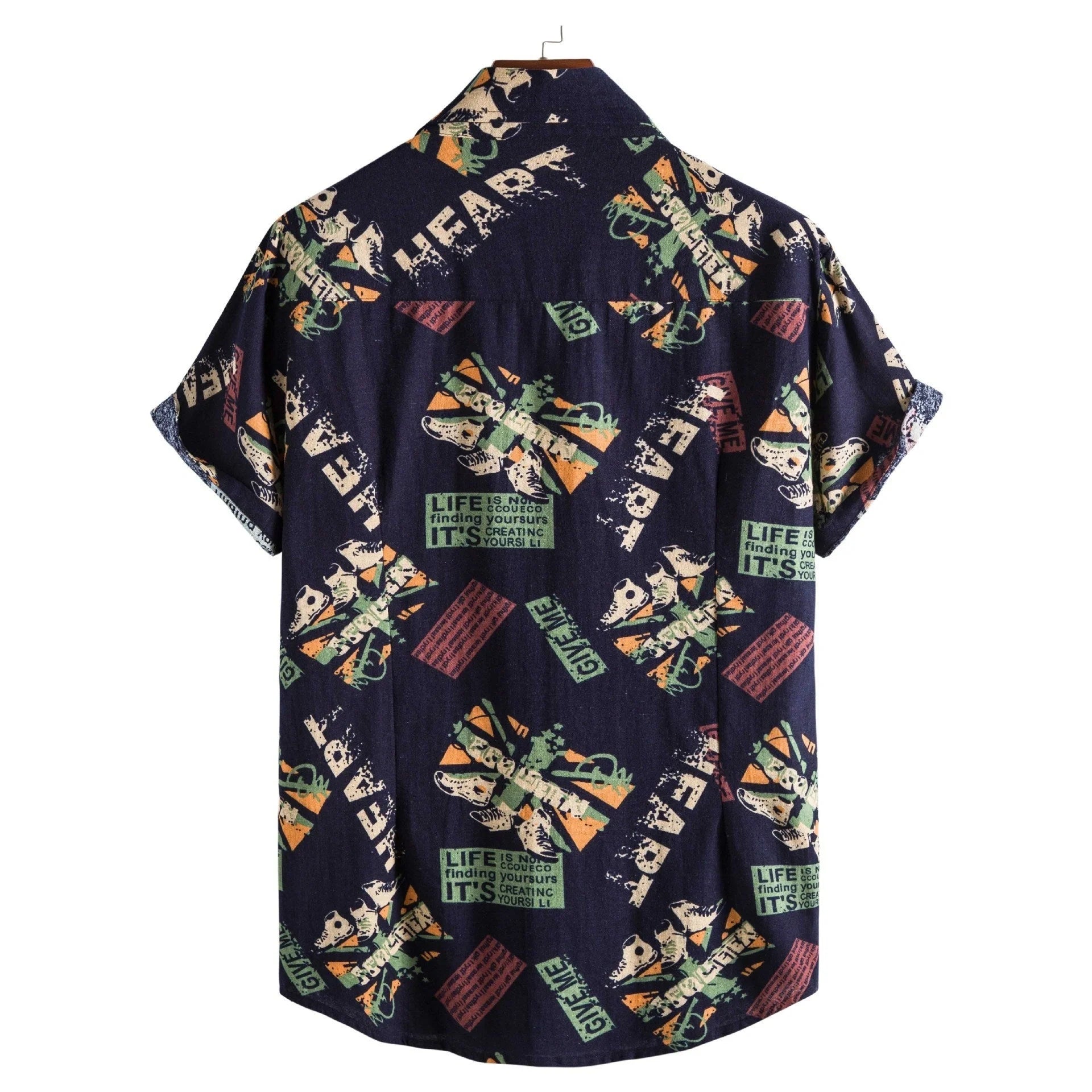 Vintage navy blue letter print men's short sleeve shirt with loose fit and turn-down collar