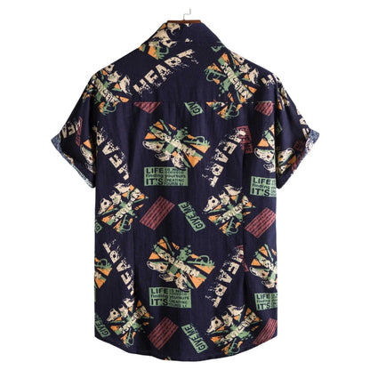 Vintage navy blue letter print men's short sleeve shirt with loose fit and turn-down collar