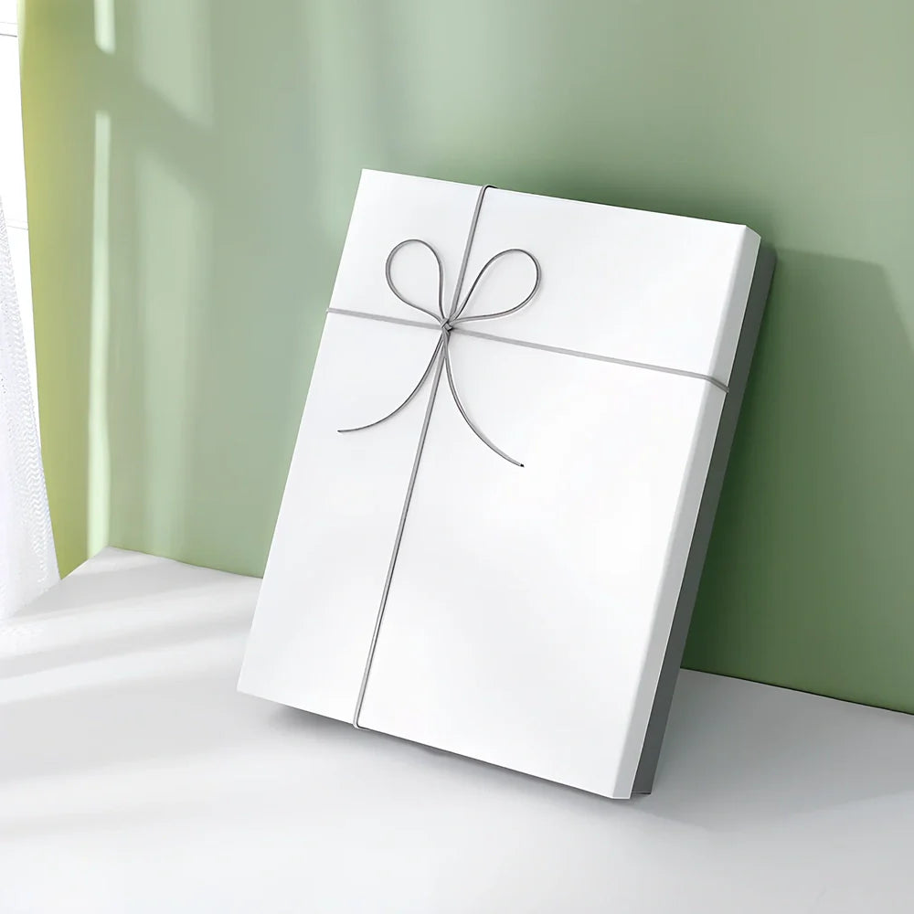 Rectangular gift box showing thick cardboard construction with special paper covering in blue and white colour combination
