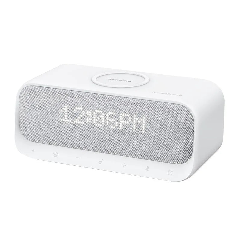 Anker Soundcore white Bluetooth speaker with wireless charging surface and display screen