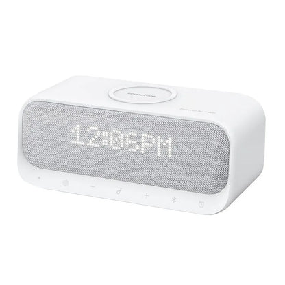 Anker Soundcore white Bluetooth speaker with wireless charging surface and display screen