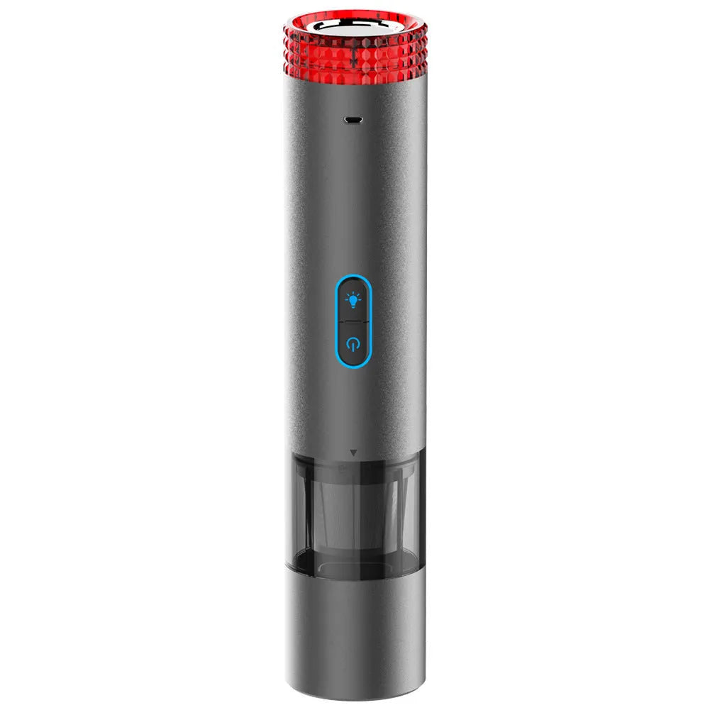 Black V6 portable wireless car vacuum cleaner with a built-in flash lamp for spot cleaning.