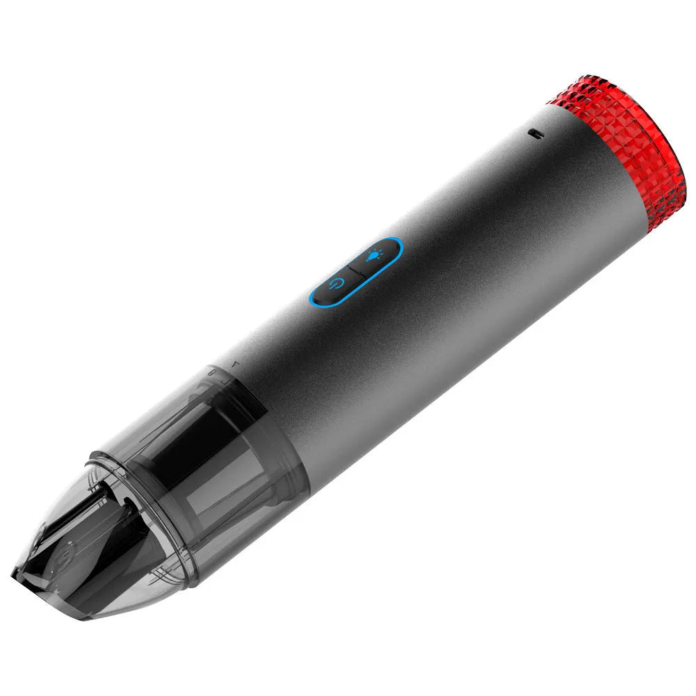 Black V6 portable wireless car vacuum cleaner with a built-in flash lamp for spot cleaning.