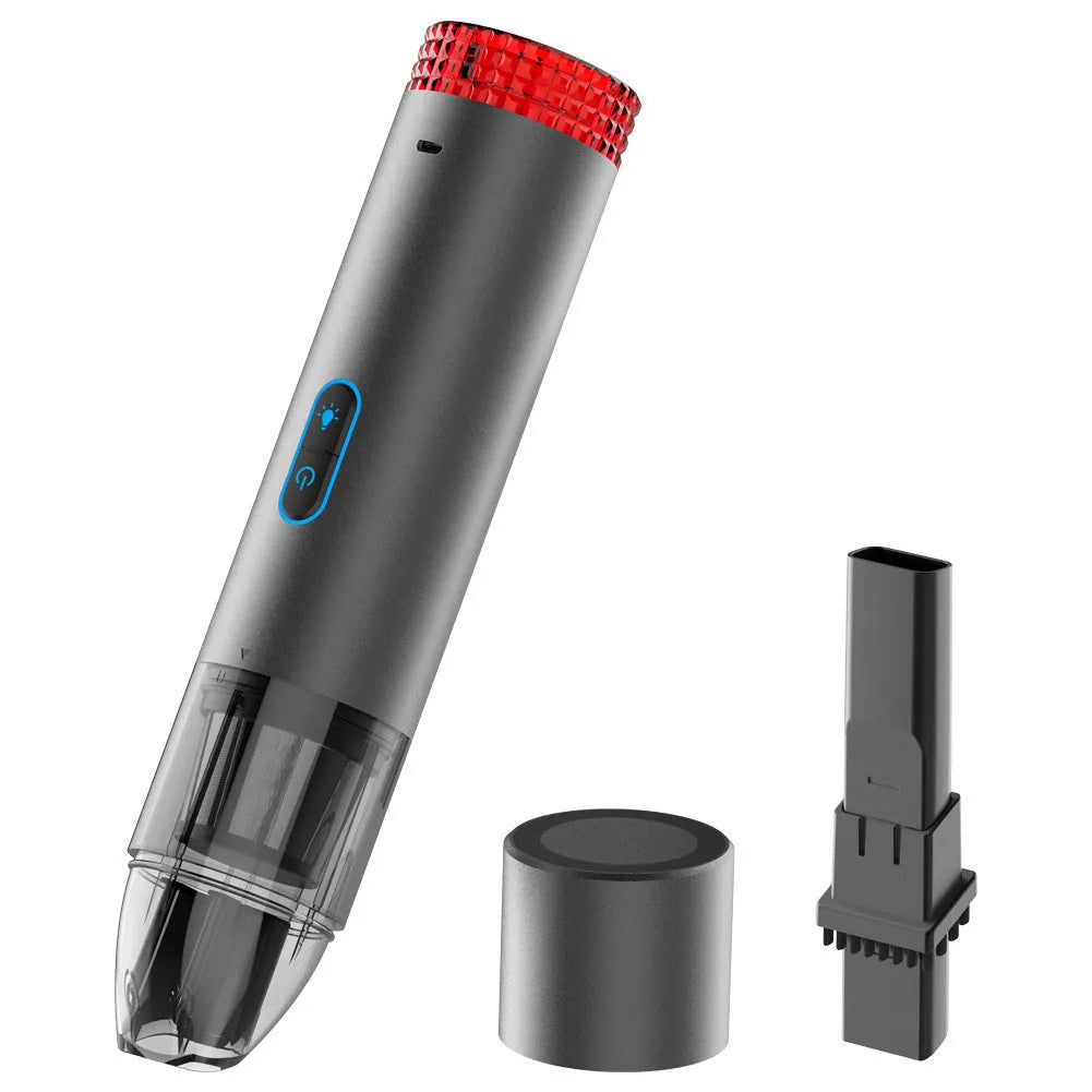 Black V6 portable wireless car vacuum cleaner with a built-in flash lamp for spot cleaning.