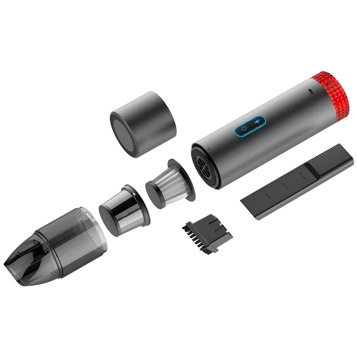 Black V6 portable wireless car vacuum cleaner with a built-in flash lamp for spot cleaning.
