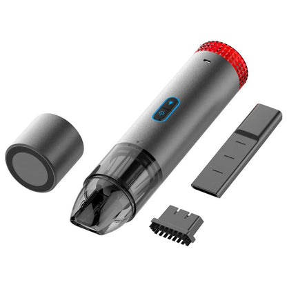 Black V6 portable wireless car vacuum cleaner with a built-in flash lamp for spot cleaning.