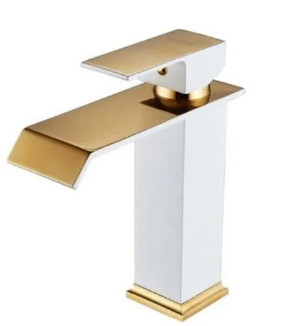 Black and white painted basin faucet with gold accents and waterfall spout design