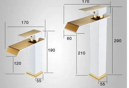 Black and white painted basin faucet with gold accents and waterfall spout design