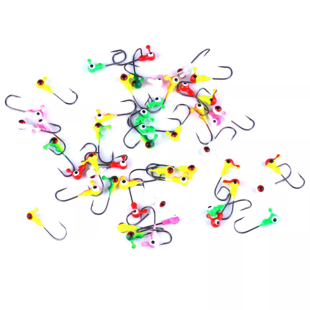 Pack of 50 1g lead fishing hooks in mixed colours for versatile angling