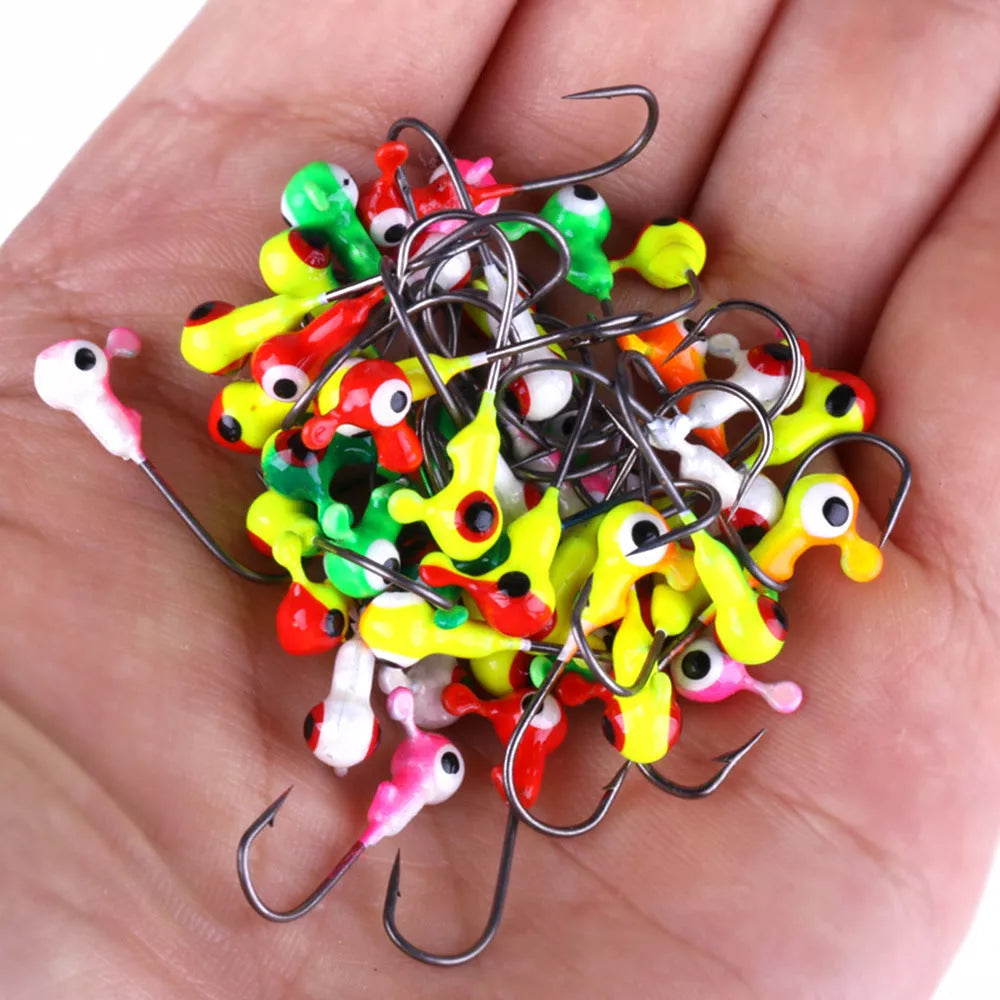 Pack of 50 1g lead fishing hooks in mixed colours for versatile angling