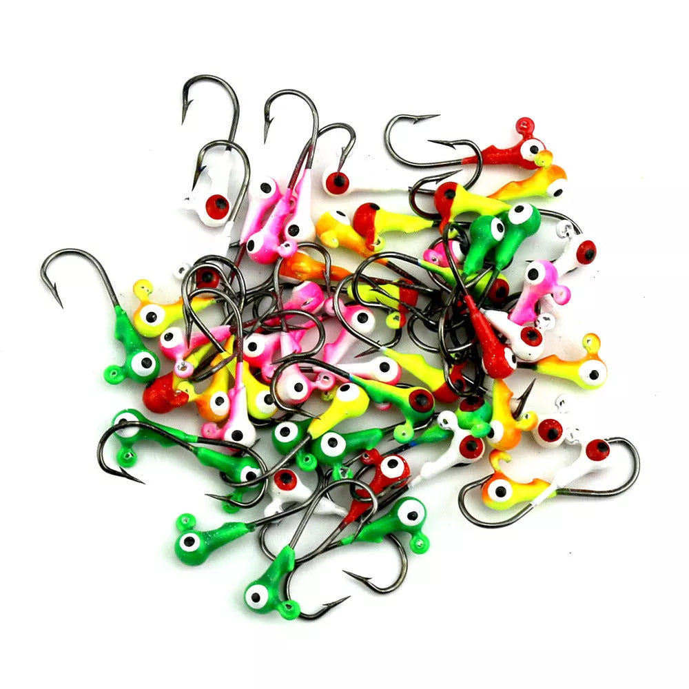 Pack of 50 1g lead fishing hooks in mixed colours for versatile angling