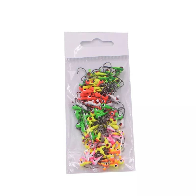 Pack of 50 1g lead fishing hooks in mixed colours for versatile angling