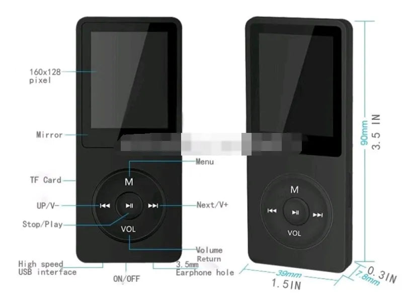 1.8-inch colour screen MP4 player in multiple colours showing 70-hour playtime and FM radio functions