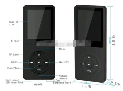 1.8-inch colour screen MP4 player in multiple colours showing 70-hour playtime and FM radio functions