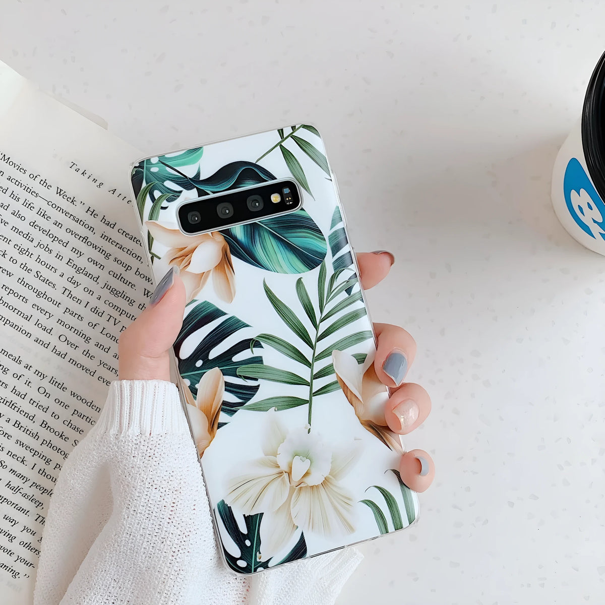 Samsung phone case with green leaf flower design on TPU back cover
