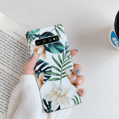 Samsung phone case with green leaf flower design on TPU back cover