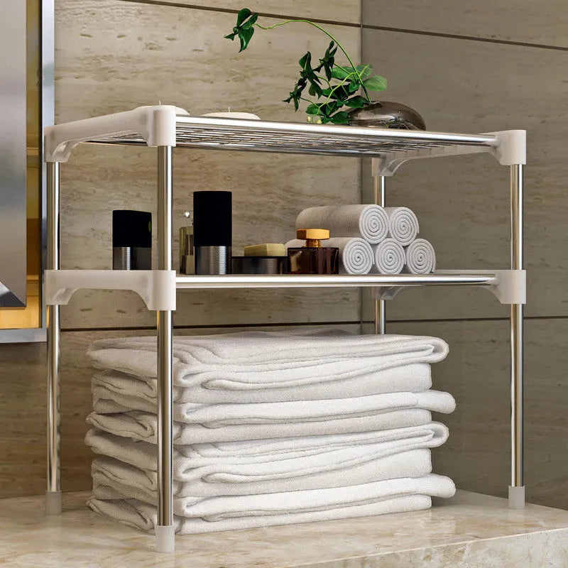 Silver and white microwave shelf rack in 2-tier or 3-tier with iron tubes and plastic connectors