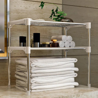 Silver and white microwave shelf rack in 2-tier or 3-tier with iron tubes and plastic connectors