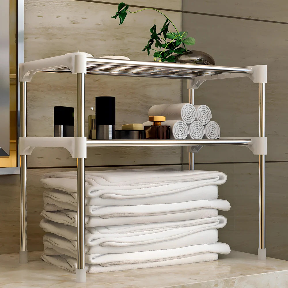Silver and white microwave shelf rack with two tiers organising kitchen spices and essentials
