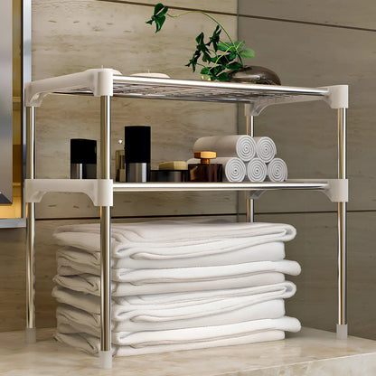 Silver and white microwave shelf rack with two tiers organising kitchen spices and essentials