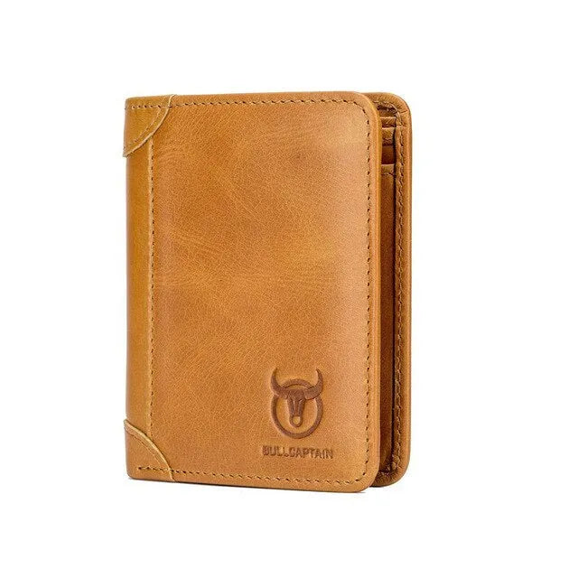 Men's casual leather wallet in black with two-fold cover, showing internal compartments including secret section.