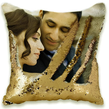 Custom photo sequin cushion cover measuring 40cm square with reversible gold silver luminous surface