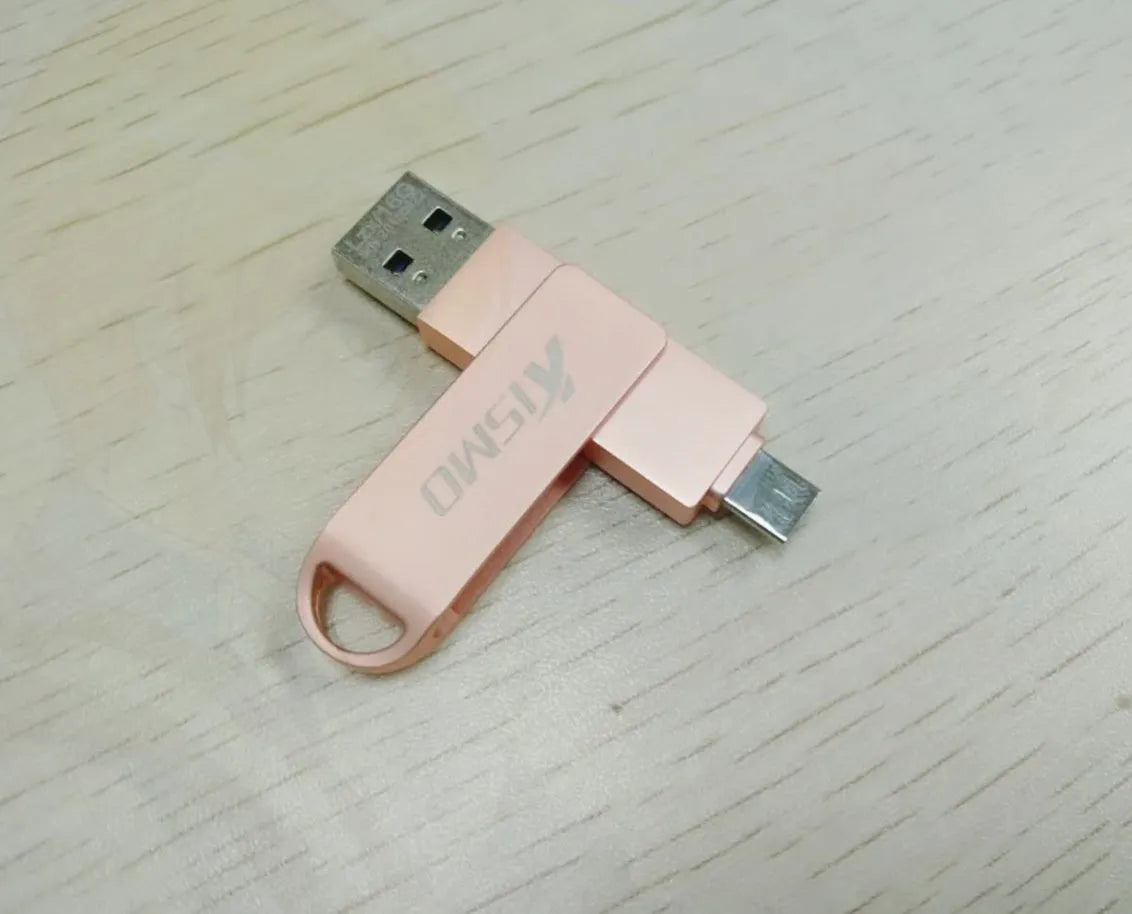 Metal dual-use USB flash drive for Apple and Android with USB 3.0, shown in Black, Gold, Pink, and Silver.