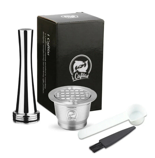 Premium stainless steel coffee capsule shells with a sleek square design, perfect for home, office, and cafe use.