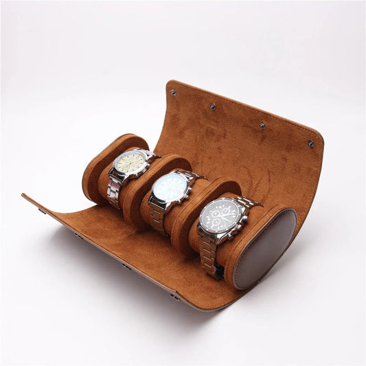 Premium leather watch storage organizer with multiple slots for securely storing and protecting watches while traveling or for business use
