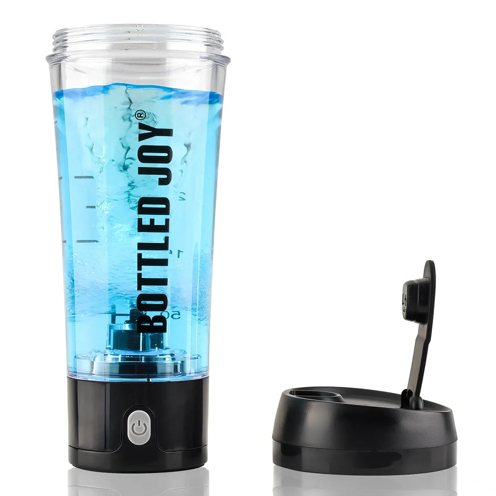 Black USB electric shaker bottle with measurement markings and automatic mixing technology
