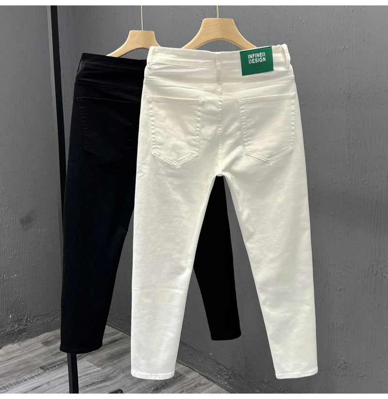 Mens White Slim Fit Jeans Mid To Low Waist Micro Elastic Denim Trousers With Small Straight Leg Hem For Young Men Casual Fall Wear Size 28 To 36