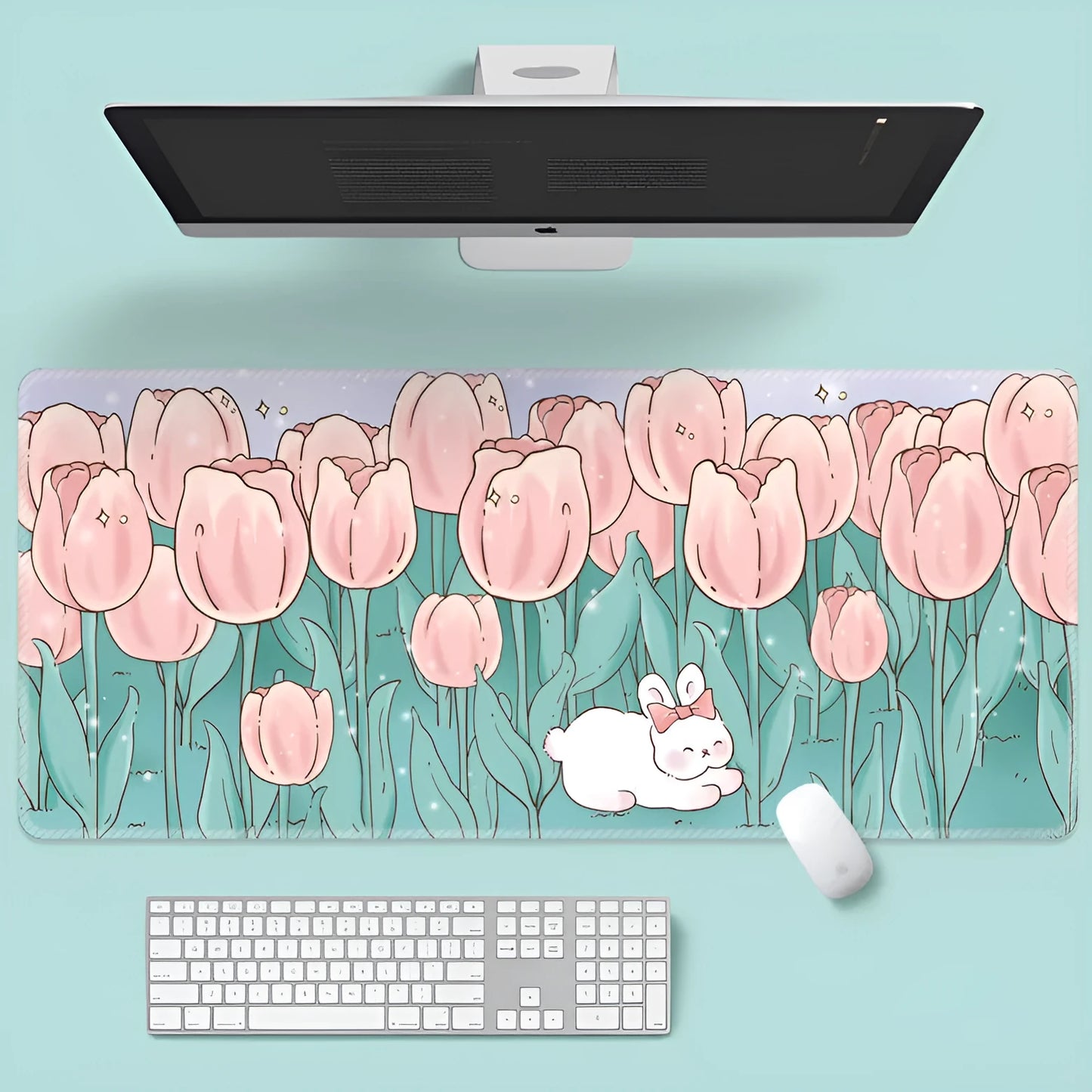 Large cartoon flower pattern mouse pad with non-slip rubber base on desk