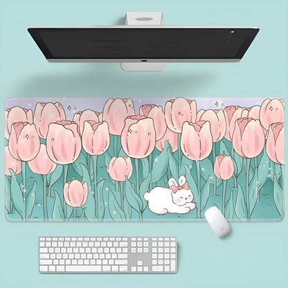 Large cartoon flower pattern mouse pad with non-slip rubber base on desk