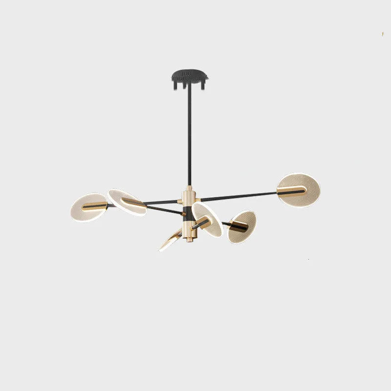 Nordic style iron frame LED chandelier with multiple acrylic shades, shown as a ceiling pendant lamp.