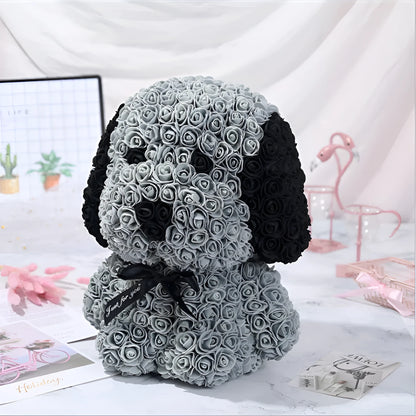 40cm tall plastic rose bouquet with grey pug dog centrepiece and soap flower elements
