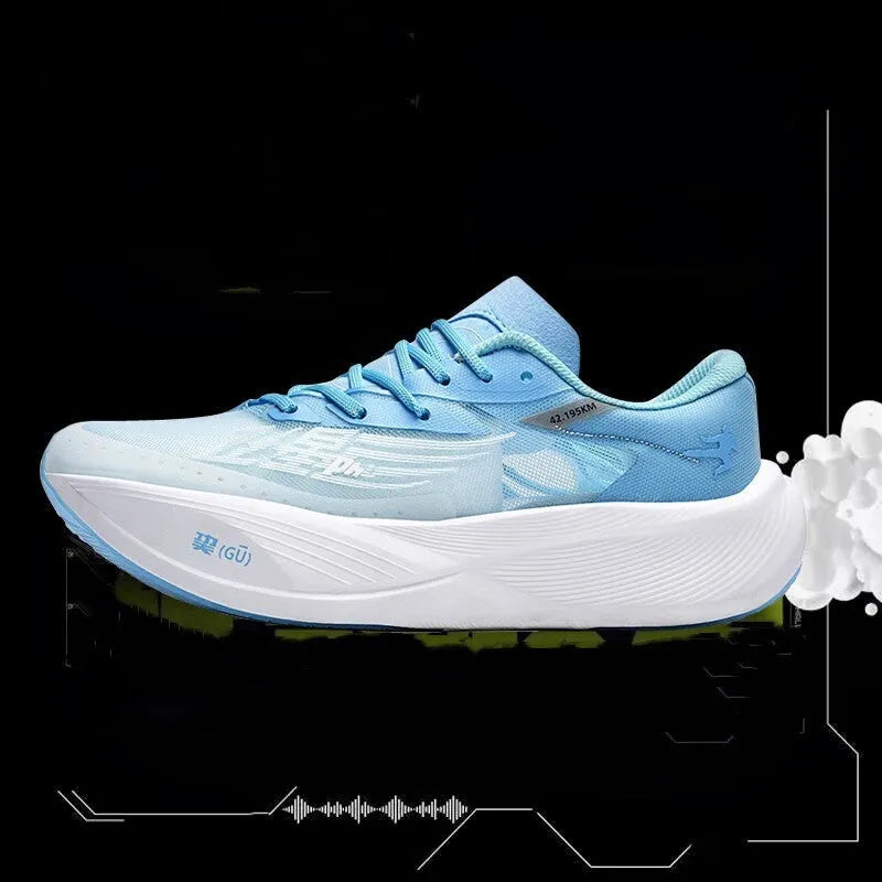 Low-top running shoes with carbon plate on a road, showing PU mesh upper and natural rubber sole in Glacier colour.