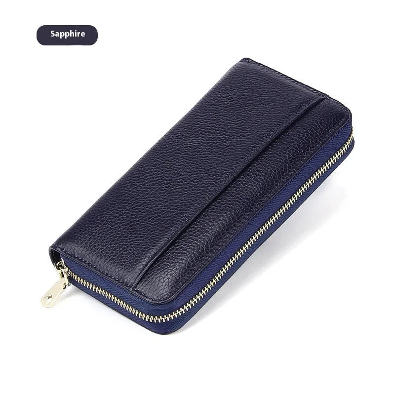 Long genuine leather women's wallet in black with anti-theft card protection and large storage capacity