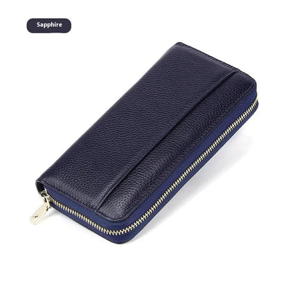 Long genuine leather women's wallet in black with anti-theft card protection and large storage capacity