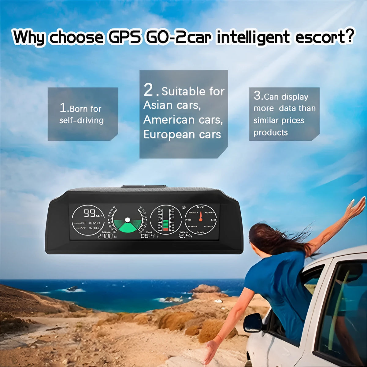 GPS GO 2 universal car head-up display with carbon fibre body showing speed, angle, and compass data on a colour LCD screen.