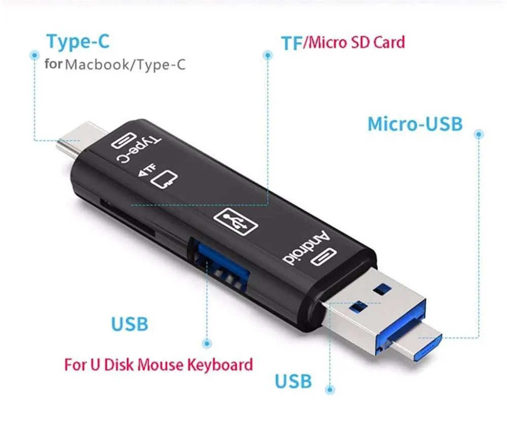 Black Type-C OTG hub adapter with Micro USB port, USB port, and microSD card slot on a white background.