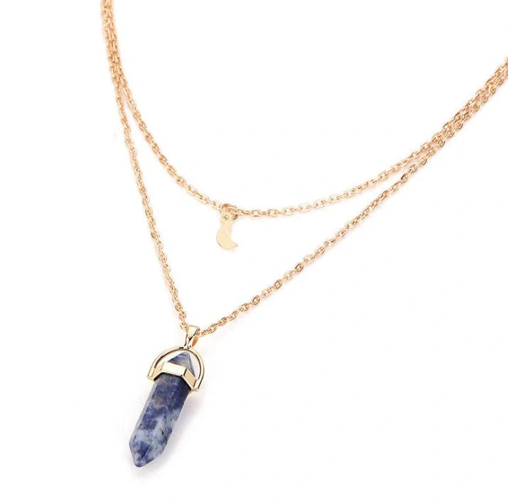 Elegant natural stone hexagonal necklace with double moon and crescent pendant in various colours