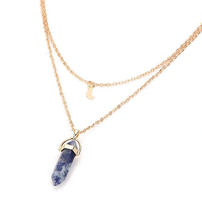 Elegant natural stone hexagonal necklace with double moon and crescent pendant in various colours