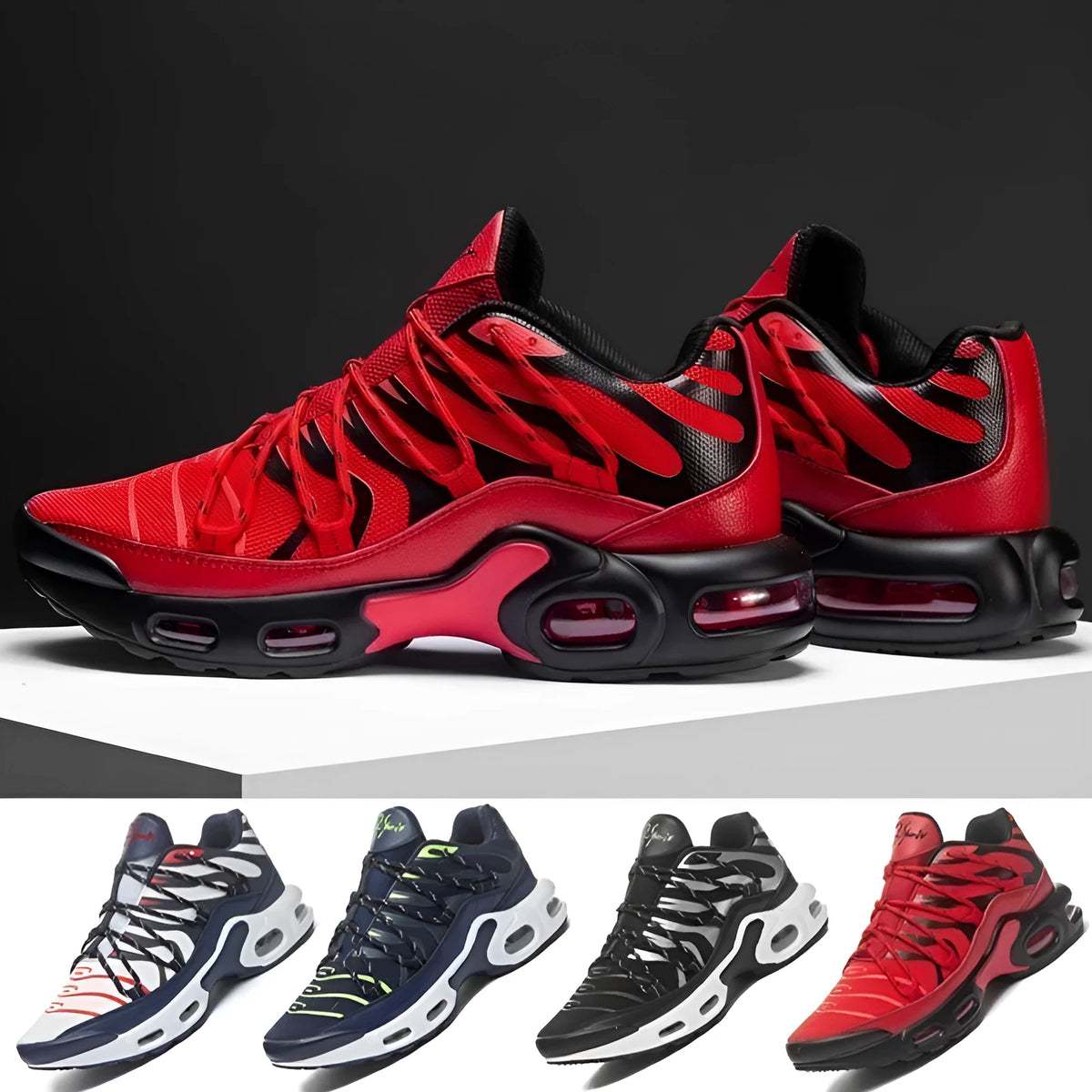 Men's breathable mesh sports shoes with rubber sole, air cushion, front lace-up, available in black, blue, red, and white